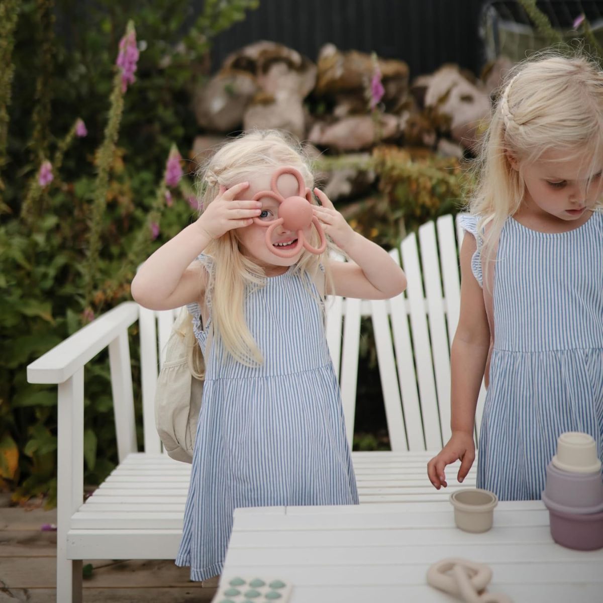 Mushie Silicone Daisy Rattle Teether - Dusty Rose - Easy Grip for Little Hands