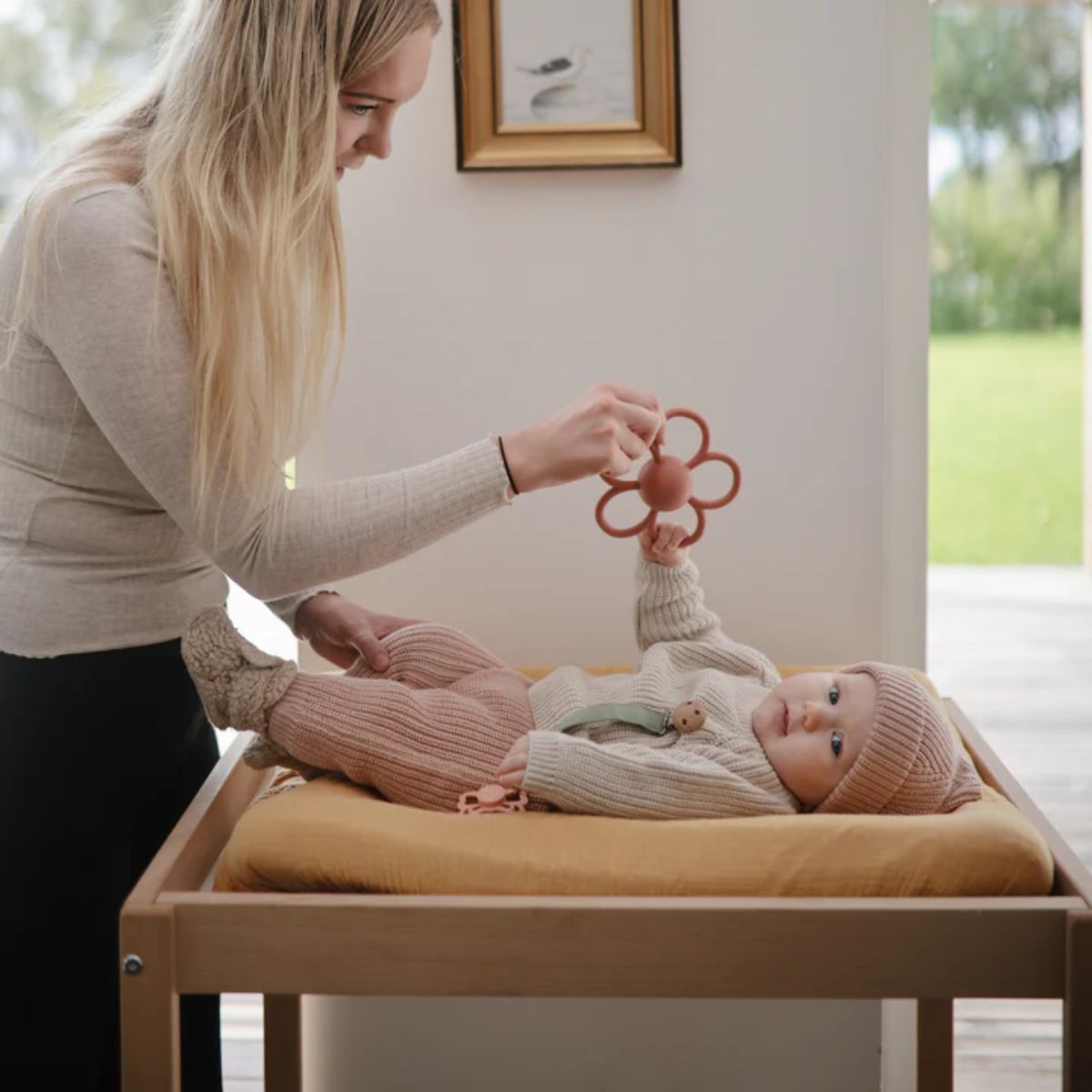 Mushie Silicone Daisy Rattle Teether - Dusty Rose - Sensory Engagement with Sound